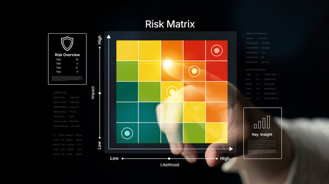 A person interacts with a digital risk matrix that emphasizes likelihood and impact, aiding in business decisions and strategic planning. Ideal for corporate and analytical themes. Nascent