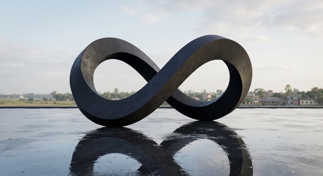 Modern dark infinity sign sculpture with water reflection on a rooftop patio at sunset