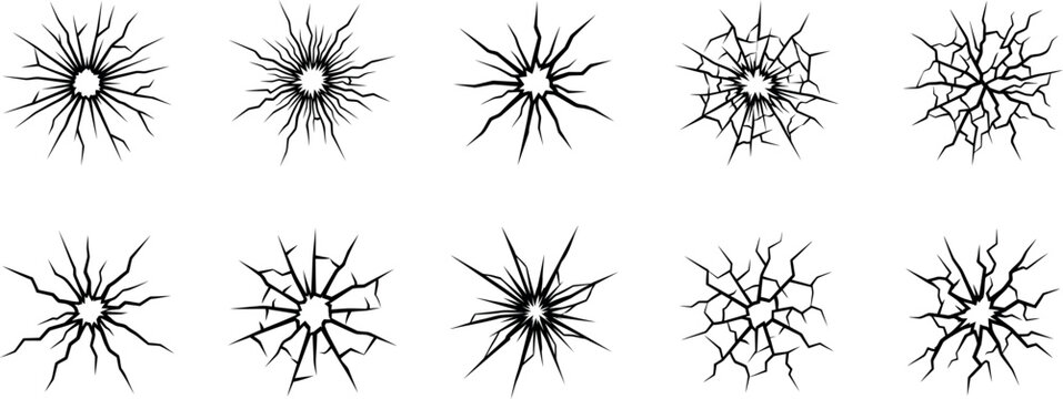 Collection of bullet holes in a white surface with varying degrees of damage and splinters