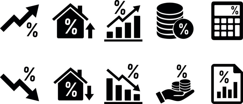 Financial icons set featuring growth decline housing markets and data analysis