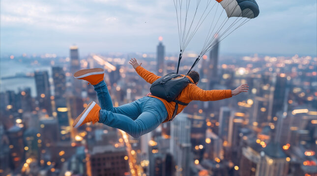 Base jumper gliding over metropolitan city skyline at dusk. Extreme sports athlete with parachute descending toward illuminated urban district.