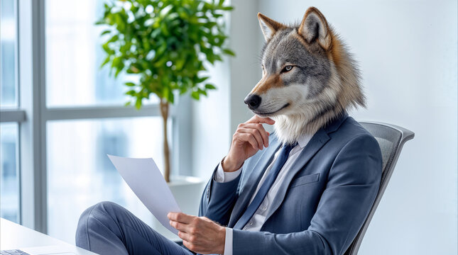 Anthropomorphic wolf in business suit reviewing documents in modern office. Corporate predator concept and leadership metaphor in professional workplace setting.