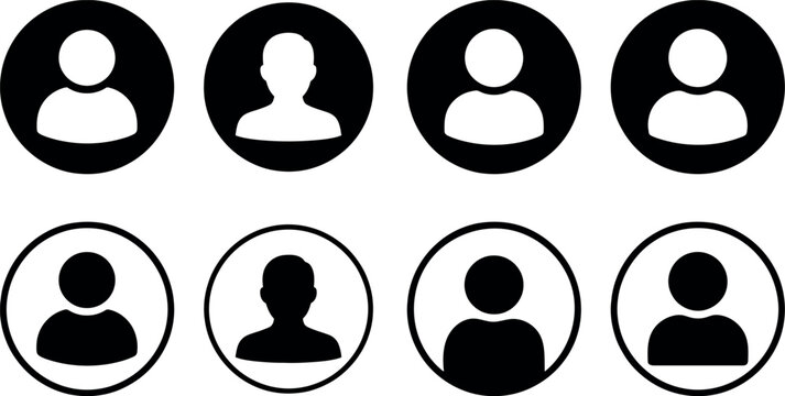 Set of eight circular profile icons depicting human silhouettes in black and white