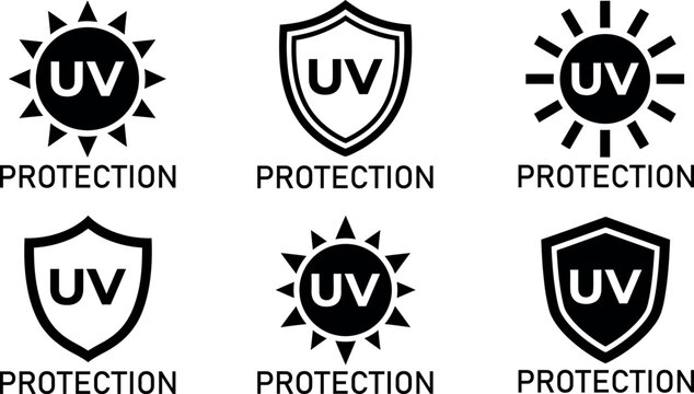Set of uv protection icons featuring sun and shield designs in black and white