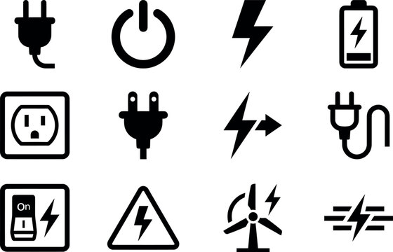 Collection of simple black electrical power and energy icons on a white background