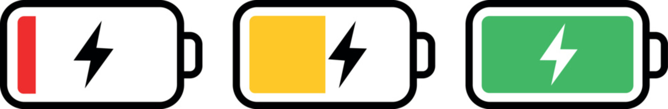 Three battery icons displaying low medium and full charge levels against a white background