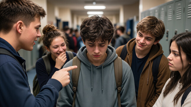 Bullied teenage boy looking down while classmates mock him in high school hallway. Peer pressure and social exclusion among students.