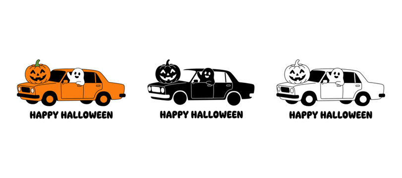 Retro car carrying pumpkin and ghost cartoon stickers in colored silhouette and line art styles for cute spooky Halloween typography designs.