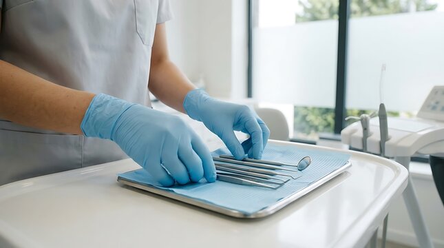 A dentist preparing sterile dental instruments on a tray in a clinic.