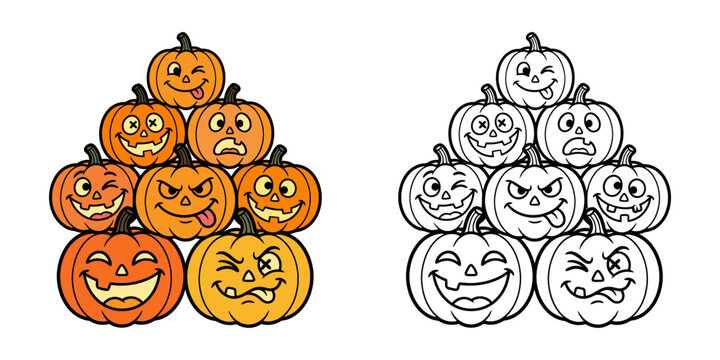 Stack of funny Halloween pumpkin characters with silly expressions in color and line art versions for seasonal spooky designs and badges.