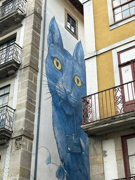 Мural of a blue cat on a house. Close-up. Porto. Portugal.