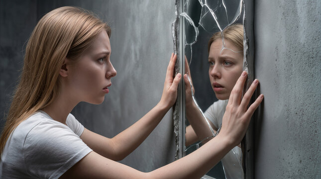 Woman looking at her reflection in broken mirror with worried expression. Mental health and self-identity struggle concept in dark room.