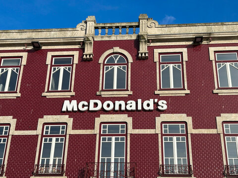 Facade of the historic McDonald's restaurant. Close-up. Porto. Portugal.