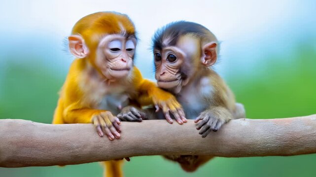 Two young monkeys cuddle together on a tree branch against a soft green natural background