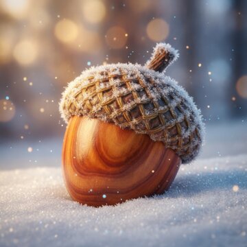 Close-up of a single acorn covered in delicate frost and snow, resting on a pristine white snowy ground with warm bokeh lights in the background, evoking a cozy winter atmosphere, concept of winter ch