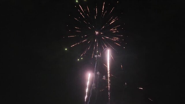 Bright green and golden fireworks explode against a dark night sky with sparkling trails.