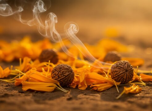 Close-up of sacred Rudraksha beads and vibrant orange marigold petals with wisps of incense smoke on earthy ground, bathed in warm golden light, symbolizing spiritual devotion and traditional Hindu ri