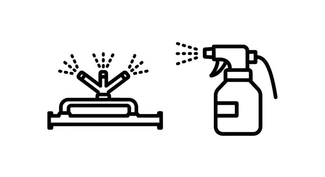 Black and white line icons of lawn sprinkler and garden spray bottle with sprinkler irrigation equipment agriculture collection isolated