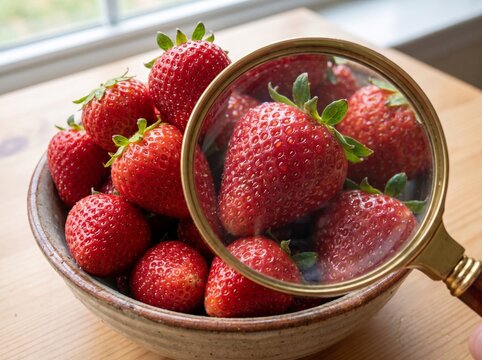 Fresh strawberries under magnifying glass highlighting  potential contamination risk	