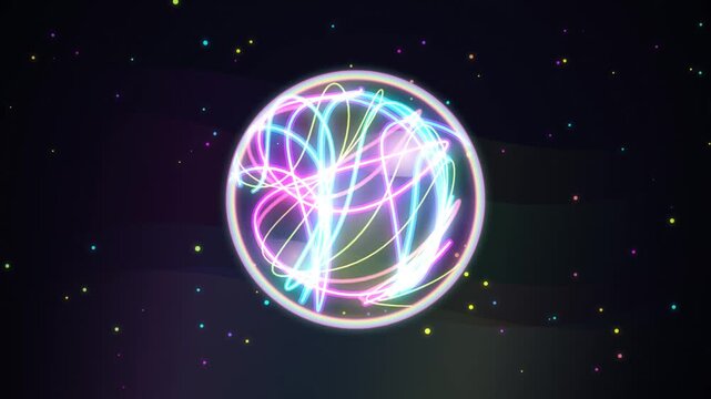 Neon light strings swirling inside translucent glowing sphere isolated on dark cosmic background showing colorful abstract digital energy motion.