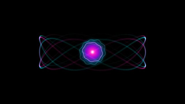 Abstract dynamic cosmic energy core with glowing purple orb in center surrounded by looping cyan and magenta particles motion.