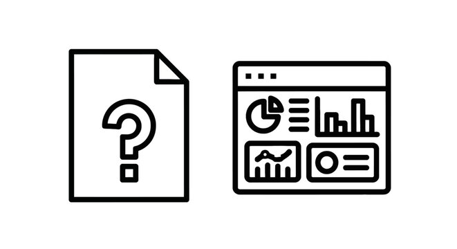 Document query and data analytics dashboard outline icons with dashboard icon file question business report statistics chart line art web element