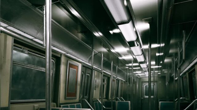 Inside a subway train, the minimalist design reveals empty seats bathed in soft, artificial light. The subdued atmosphere invites a quiet reflection as the city rushes by outside.