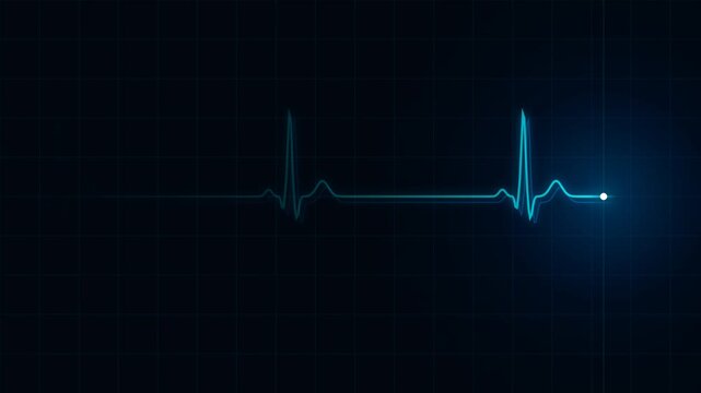 ECG heartbeat graphic displays medical pulse on dark grid background, animated science footage.