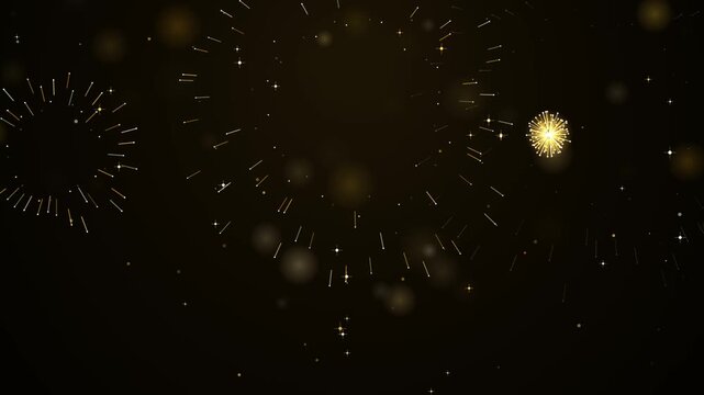 Abstract shimmering gold fireworks display with sparkling particles against a dark background motion graphic for celebrations and events.
