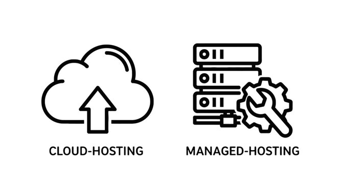 Cloud hosting and managed hosting server icons featuring cloud storage and maintenance gear data center black and white maintenance internet