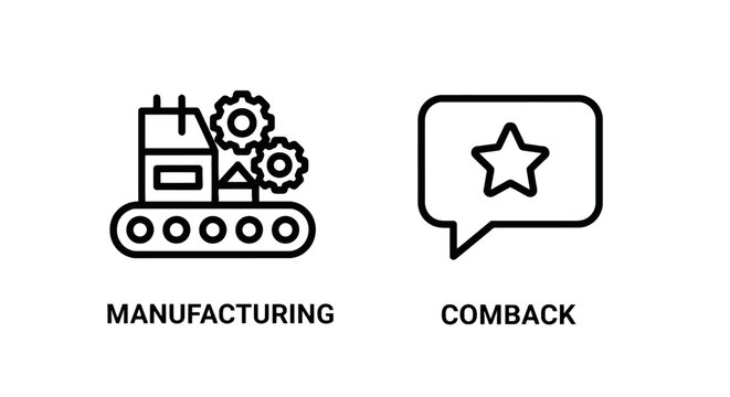 Manufacturing production line and comeback speech bubble linear icons with conveyor belt factory icon star icon industrial process machinery icon
