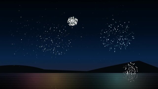 Celebratory fireworks display over calm water at night, beautiful reflection, festive atmosphere, exciting light show, digital animation.