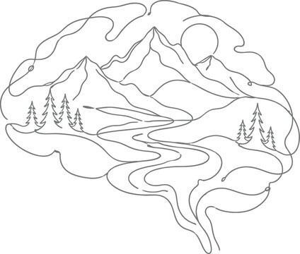 A detailed brain outline depicts a mountainous landscape with coniferous trees