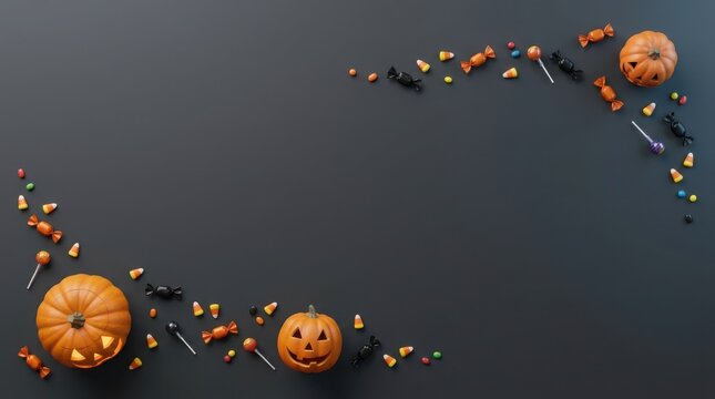 Halloween candy and pumpkin jack o lantern flying in space illustration