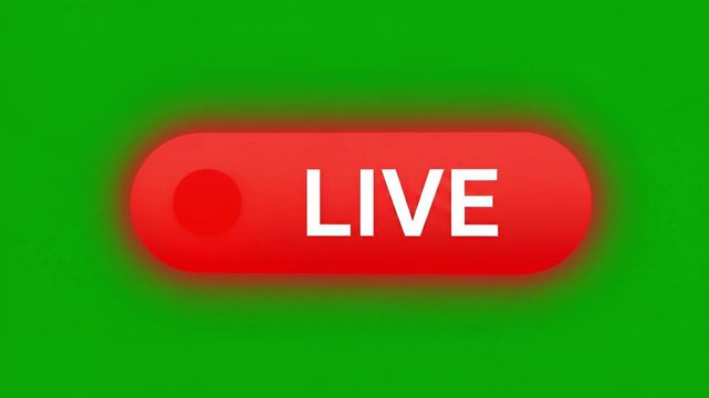 Live stream red button icon on green screen background. Glowing live broadcast indicator for video production. Recording signal for social media streaming.