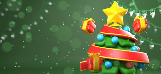 Fototapeta premium christmas tree decoration with gifts. Christmas tree with bokeh lights. Festive 3D stylized Christmas tree with red ribbon and gifts on green background. Cartoon 3D Christmas background with star.