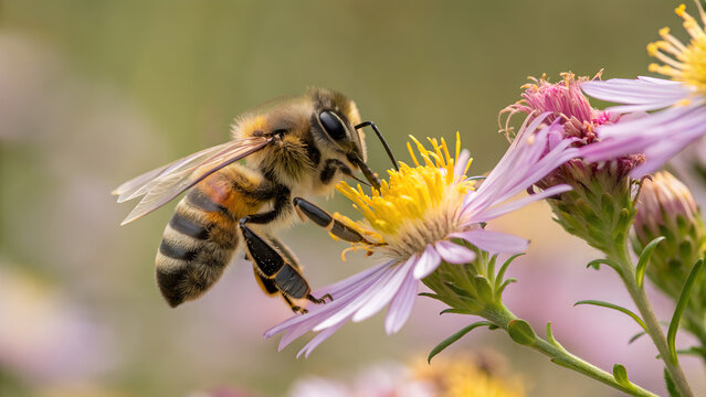 bee on flower. honey bee pollinating flower close up macro shot of bee. Honey bee collecting nectar from a bright yellow sunflower in a close up macro shot with soft focus background