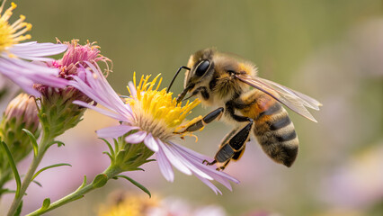 bee on flower. honey bee pollinating flower close up macro shot of bee. Honey bee collecting nectar from a bright yellow sunflower in a close up macro shot with soft focus background © Luis