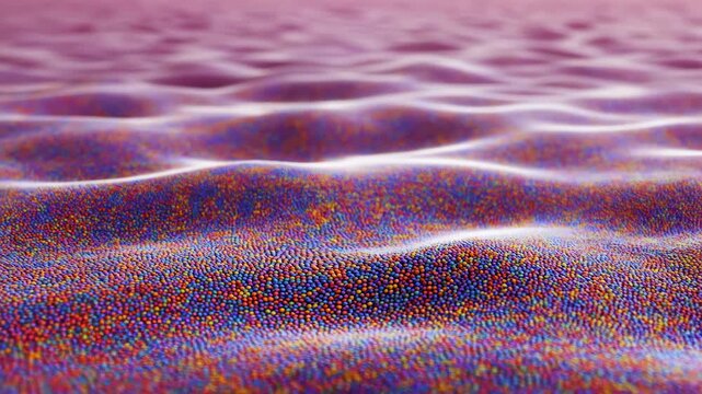 Multicolored particles ripple across an undulating surface as bright white contours trace rolling waves beneath a soft pink background, forming a vibrant abstract landscape in close view