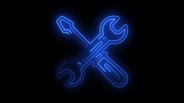 Neon wrench rotates and glows against a dark background