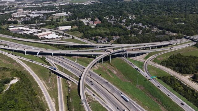 Aerial of complex highway interchange of Interstate 49 and 470 in Kansas City Missouri