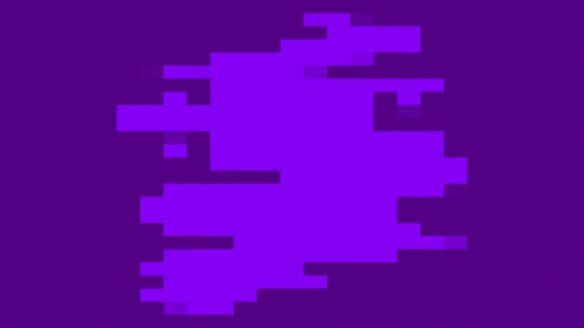 Abstract purple pixel blocks moving through different stages create a digital glitch animation with geometric motion and modern technology concept