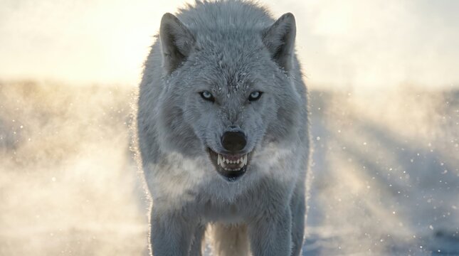 Aggressive arctic wolf with bared teeth in snowy winter wilderness during cold morning