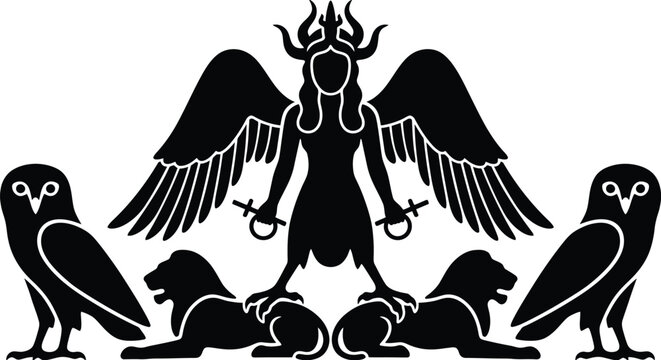 Black silhouette of ancient Mesopotamian goddess Lilith or Ishtar known as the Queen of the Night with wings and talons standing on lions flanked by owls in early Babylonian mythology.