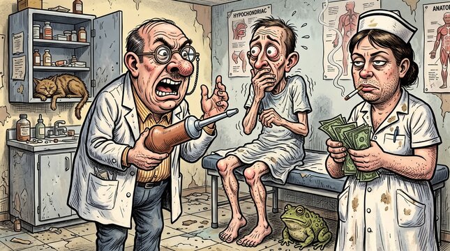 Corrupt Vintage Doctor Threatening Terrified Patient with Huge Enema Cartoon