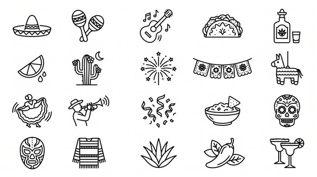 Mexican celebration icons with sombrero guitar taco tequila pi&ntilde;ata chili skull fiesta vector illustration design.