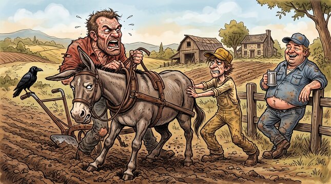 Frustrated Farmers Pushing Stubborn Plowing Mule in Rural Countryside Cartoon