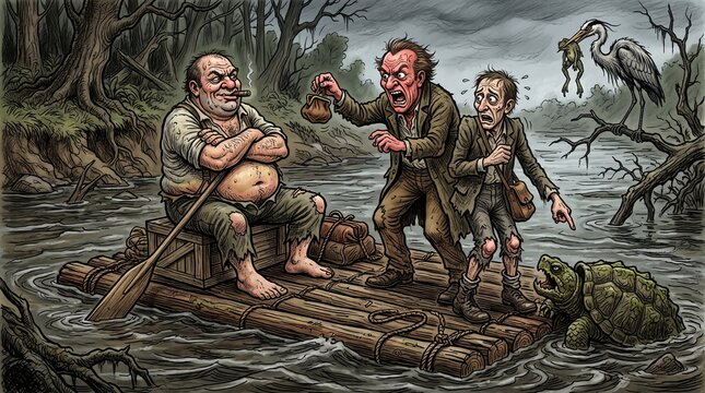 Greedy River Ferryman Demanding Extra Gold from Terrified Passengers Cartoon