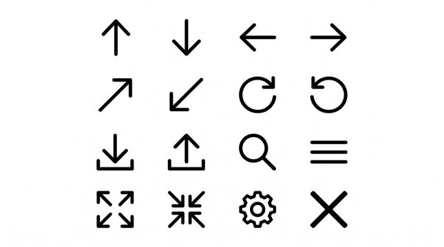 Navigation functionality icons with arrows upload download search settings close vector illustration design.