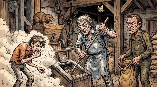 Dusty Grain Mill Chaos With Coughing Apprentice and Angry Farmer Cartoon Illustration